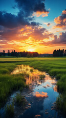 Fototapeta na wymiar sunset over a meadow, large field, summer, tall grass 