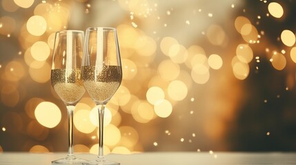Champagne toast with golden bokeh lights. Golden glow holiday cheer with champagne. Festive champagne glasses and warm lights