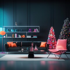 Vibrant Christmas setting in a modern designer apartment. Urban elegance with a minimalist colorful Christmas tree