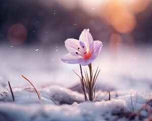 snow on the flowers with magical golden light