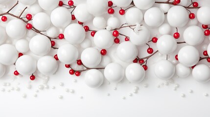 Vibrant red berries amidst white Christmas baubles. Festive berry and bauble arrangement. Modern holiday decor with red and white theme