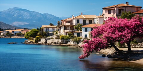 Fototapeta na wymiar mediterranean coastal town with ocean view, wanderlust and blue sky