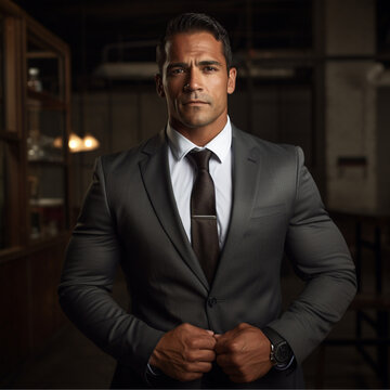 a portrait of a latino man in a well-tailored suit. Entrepreneur. Professional. Kind. Successful. Motivational. Inspiring. His arms are uncrossed and relaxed. Man age is 45.Man has a pleasant smile. 