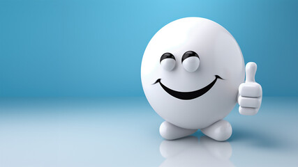 Customer feedback concept - white 3d smiling emoji. Blue background. Copy space.