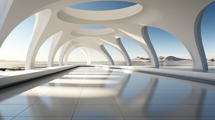 Futuristic white corridor with arches reflecting on glossy floor, minimalist sphere centered in a tranquil, spacious interior design.