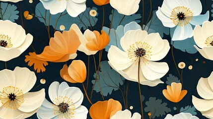  a bunch of white and orange flowers on a dark blue background with a yellow center on the center of the flower.  generative ai