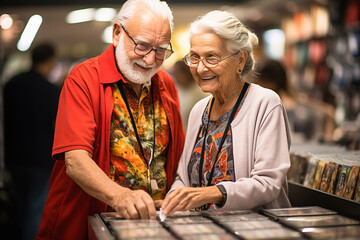 Elderly people looking at souvenirs at a counter at an exhibition.