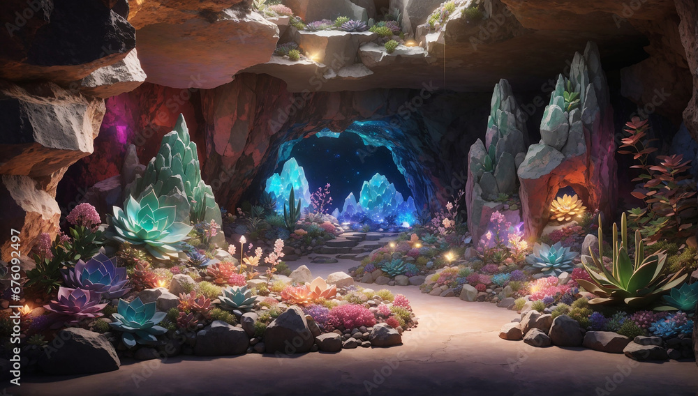 Poster an intriguing image of a cave illuminated by an array of captivating light colors - ai generative