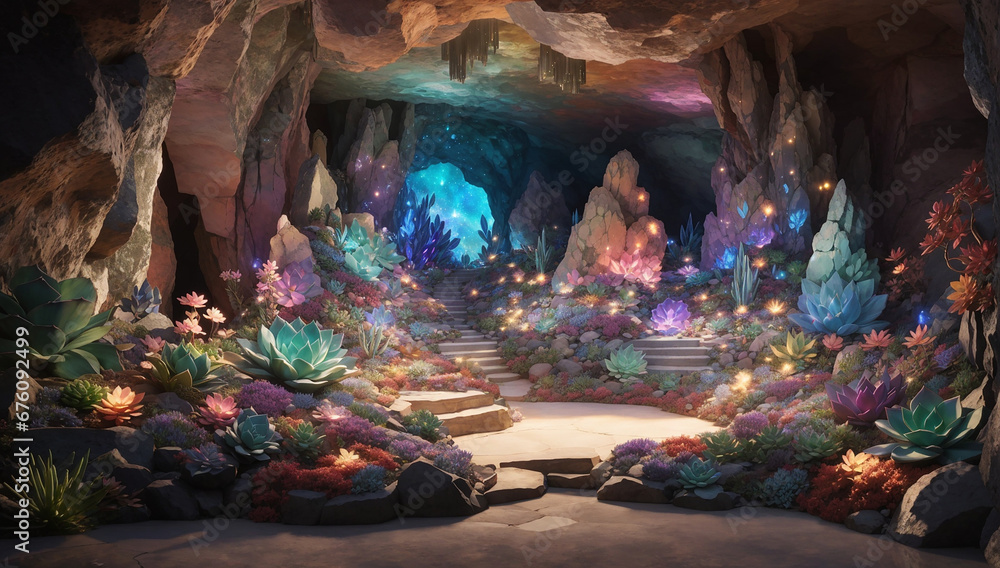 Poster an intriguing image of a cave illuminated by an array of captivating light colors - ai generative