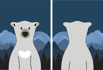 White Arctic bear cartoon illustration at winter night and snowy mountains