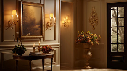 Elegant foyer featuring walls in liquid gold hue, capturing the serene yet vibrant essence of American Tonalism, illuminated by soft, chiaroscuro lighting that recalls Renaissance artistry