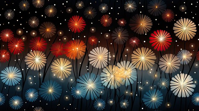  a picture of a bunch of flowers on a black background with stars and sparkles in the middle of the image.  generative ai