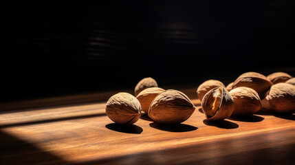 Lifestyle product shot of closed solid nuts, walnuts on a wooden table. Play light and shadow