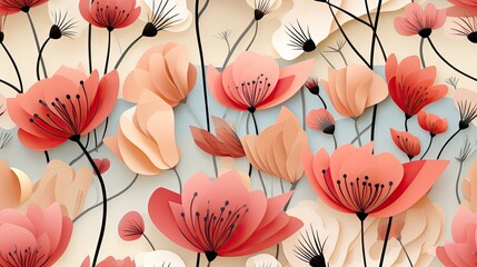  a bunch of red and pink flowers on a white background with black stems and long, thin, thin stems.  generative ai - obrazy, fototapety, plakaty
