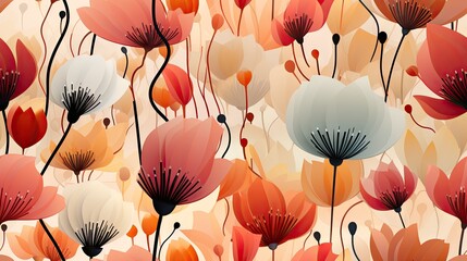  a pattern of red, white and orange flowers on a beige background, with a black stem in the center.  generative ai
