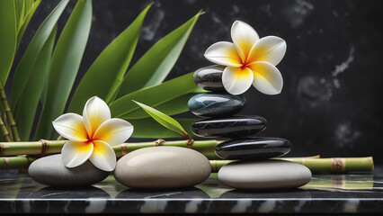 Plumeria flowers and bamboo stems among flat stones on a textured marble pedestal.