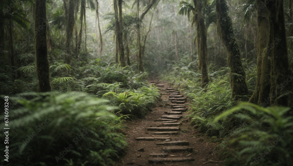 Poster ancient stone pathway leading deeper into the mysterious jungle - ai generative