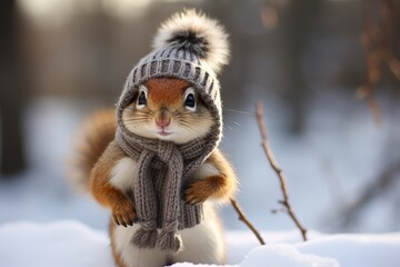 Niedliches Eichhörnchen mit Pudelmütze und Schal im Schnee hat den Winterschlaf verpasst. Hörnchen als Mensch mit Strickmütze und Strickschal warm eingepackt draußen in der Kälte. - obrazy, fototapety, plakaty