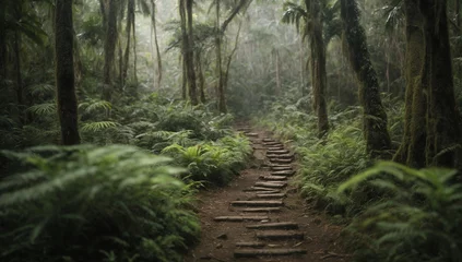 Foto op Canvas Ancient stone pathway leading deeper into the mysterious jungle - AI Generative © Being Imaginative