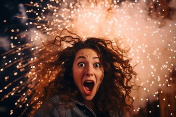 Schockierte Frau über Raketen und Böller zu Silvester in ihrer Nähe. Explosion von Feuerwerk im Hintergrund zum neuen Jahr.  - obrazy, fototapety, plakaty