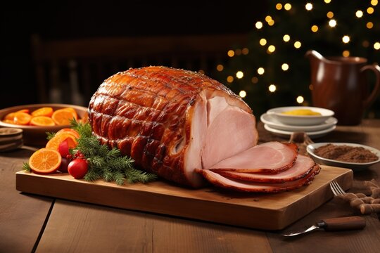 Gebackener Schinken auf dem Tisch rustikal angerichtet. Leckerer, saftiger Schinken im St&uuml;ck wird angeschnitten und zu Weihnachten serviert als Abendessen.