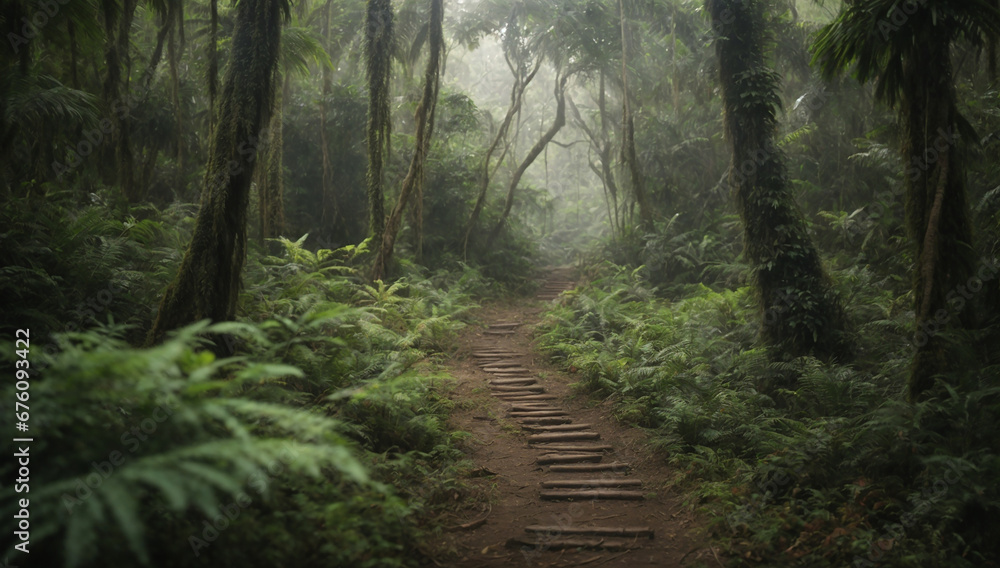 Aufkleber ancient stone pathway leading deeper into the mysterious jungle - ai generative