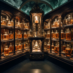 italian baroque, elegant, vintage niche perfume shop, bazar, 1000 perfume bottles, wooden shelf, perspective, dimmed light, plants, glass