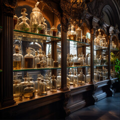 italian baroque, elegant, vintage niche perfume shop, bazar, 1000 perfume bottles, wooden shelf, perspective, dimmed light, plants, glass - obrazy, fototapety, plakaty