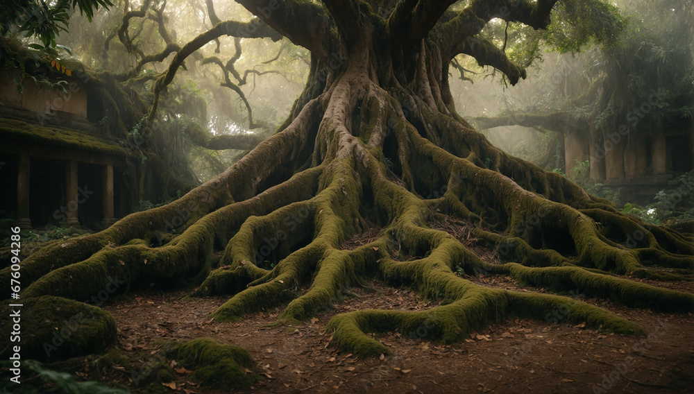 Poster ancient tree with gnarled roots and a thick trunk in the jungle - ai generative
