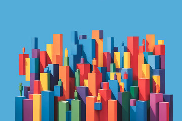 Obraz premium Stylized 3D cityscape with colorful buildings and miniature figures on rooftops against a blue sky.