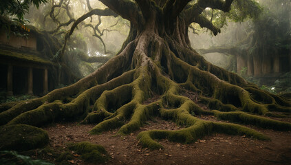 Ancient tree with gnarled roots and a thick trunk in the jungle - AI Generative