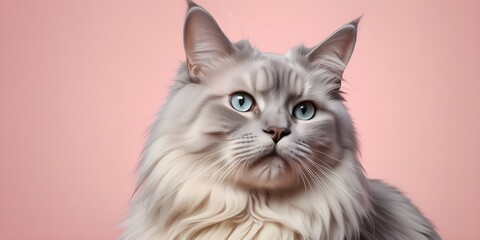 Nibelung Cat on a pastel background. Cat a solid uniform background, for your advertising and design with copy space. Creative animal concept. Looking towards camera.