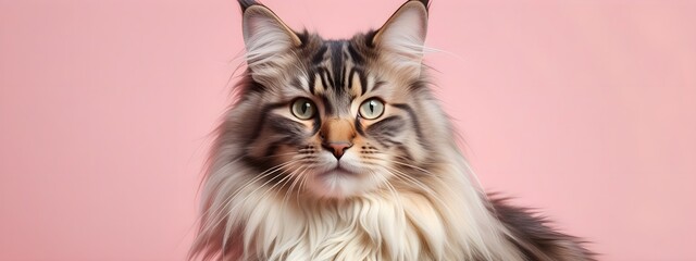 Norwegian Forest Cat on a pastel background. Cat a solid uniform background, for your advertising and design with copy space. Creative animal concept. Looking towards camera.