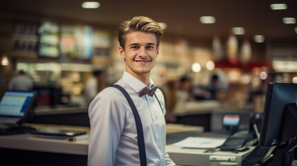 Fototapeta premium Young man cashier at supermarket.