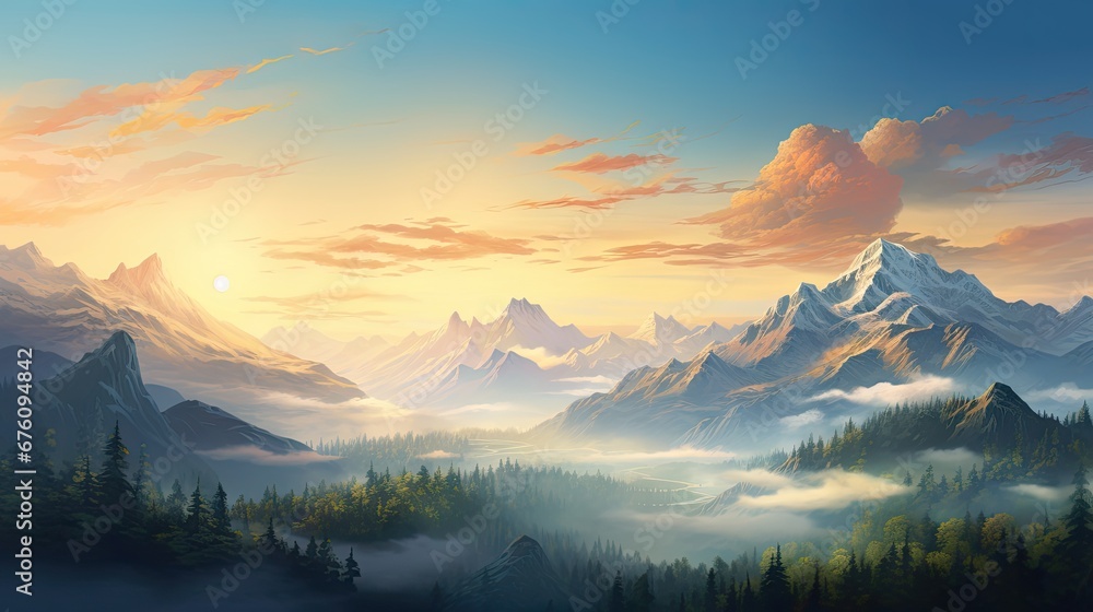 Poster a painting of a mountain landscape with trees and clouds in the foreground and the sun setting in th