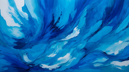 Fototapeta na wymiar Abstract swirling blue and white painting resembling fluid motion or ocean waves with dynamic and flowing forms.