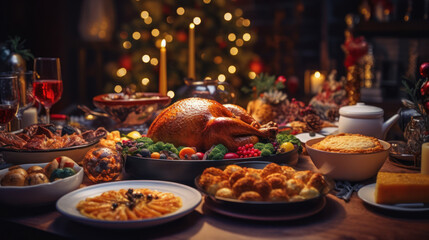 Traditional Christmas Dinner with Fireplace Ambiance  
