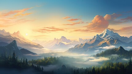  a painting of a mountain landscape with trees and clouds in the foreground and the sun setting in the background.  generative ai