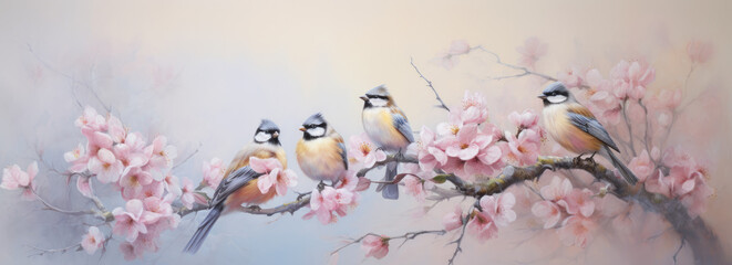 Obraz na płótnie Canvas Paintings of birds on the branch of cherry blossoms.