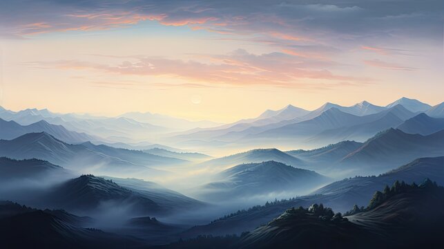  a painting of a mountain range with the sun setting in the distance and clouds in the sky over the mountains.  generative ai