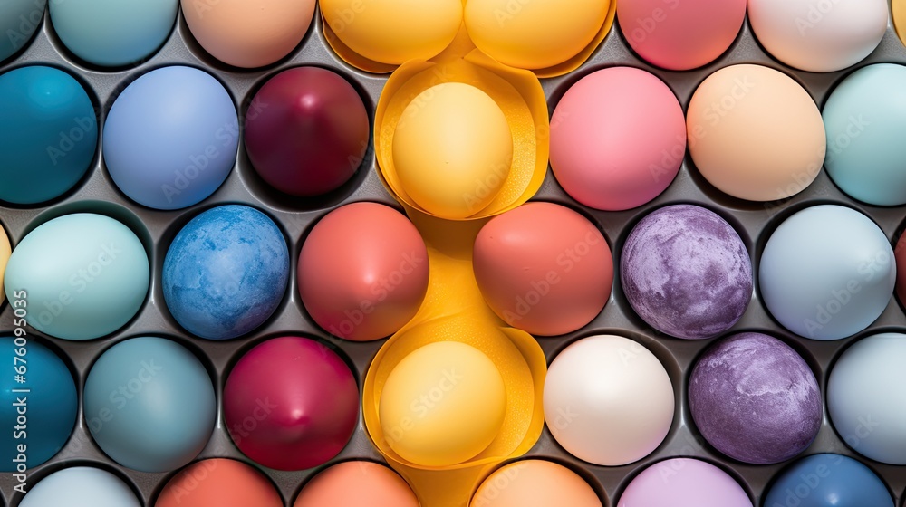 Poster a group of different colored eggs sitting next to each other on top of a white surface with a yellow