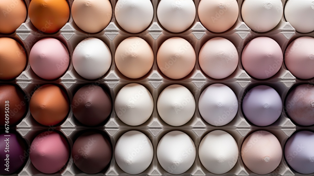 Poster a bunch of eggs sitting in a carton next to each other with different colors of eggs inside of them.