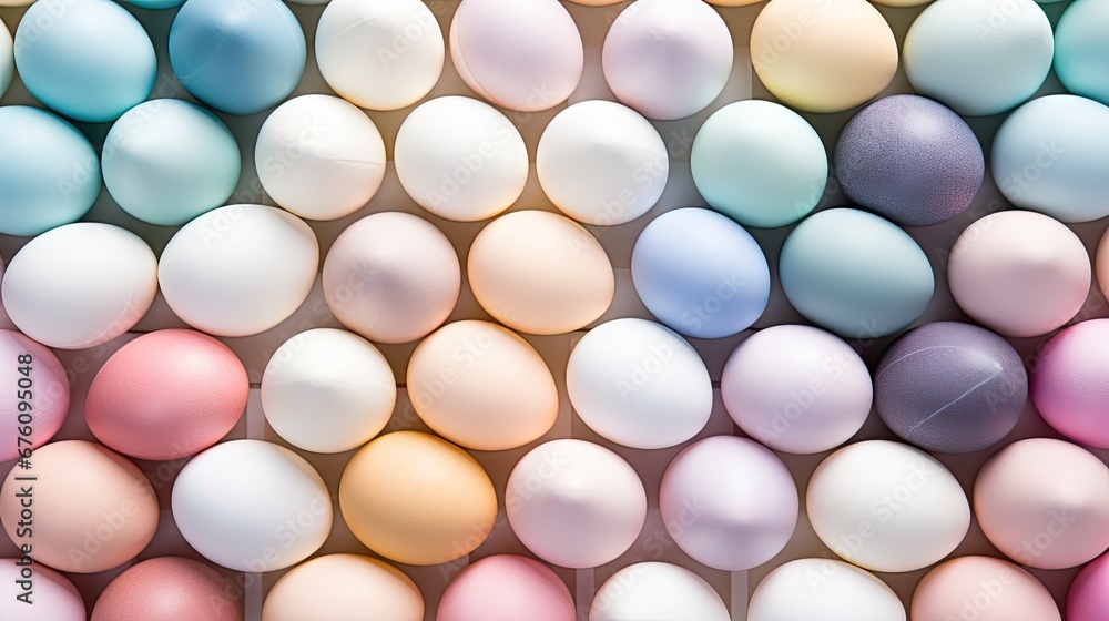 Poster a group of pastel colored eggs sitting on top of each other on a white surface with one egg in the m