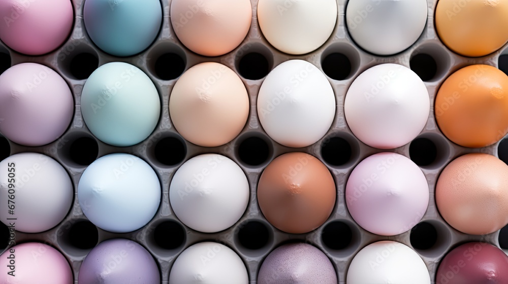 Poster a close up of a bunch of eggs in an egg carton with different colors of eggs in the carton. generati