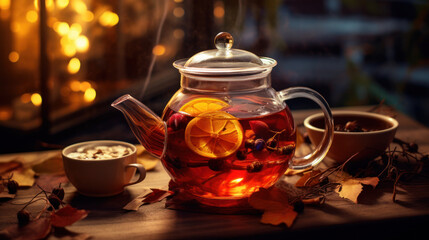 Cozy autumn tea in transparent glass pot.