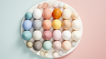  a plate filled with different colored eggs on top of a pink and blue tablecloth next to a pink wall.  generative ai