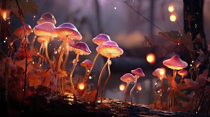 Magical scene of mushrooms growing in a dark forest illuminated by colorful lights and flickering fire, creating an enchanting ambiance