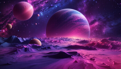 Backdrop, pantone colors navy blue purple pink, glowy edges like neon light, galaxy background, planet jupiter in the background - AI Generative