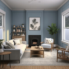 a living room with muted blue walls, gray wood panel floors, viewed from the 1st person perspective with 3 walls in frame, the right wall contains two windows with curtains,and a fireplace