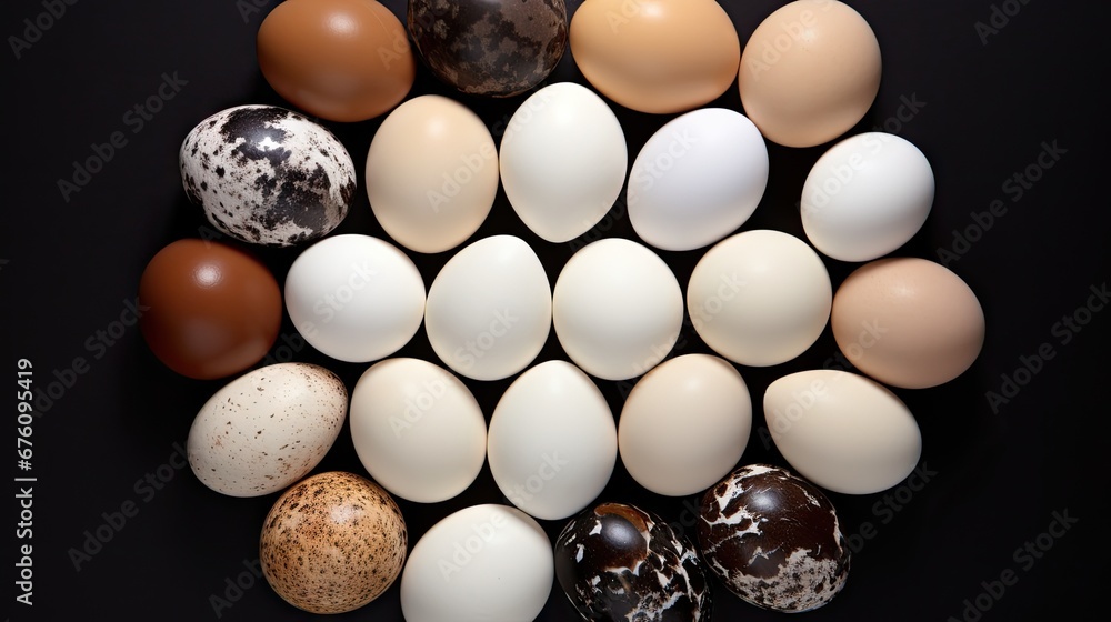 Poster a group of eggs sitting next to each other on top of a black surface with one egg in the middle of t